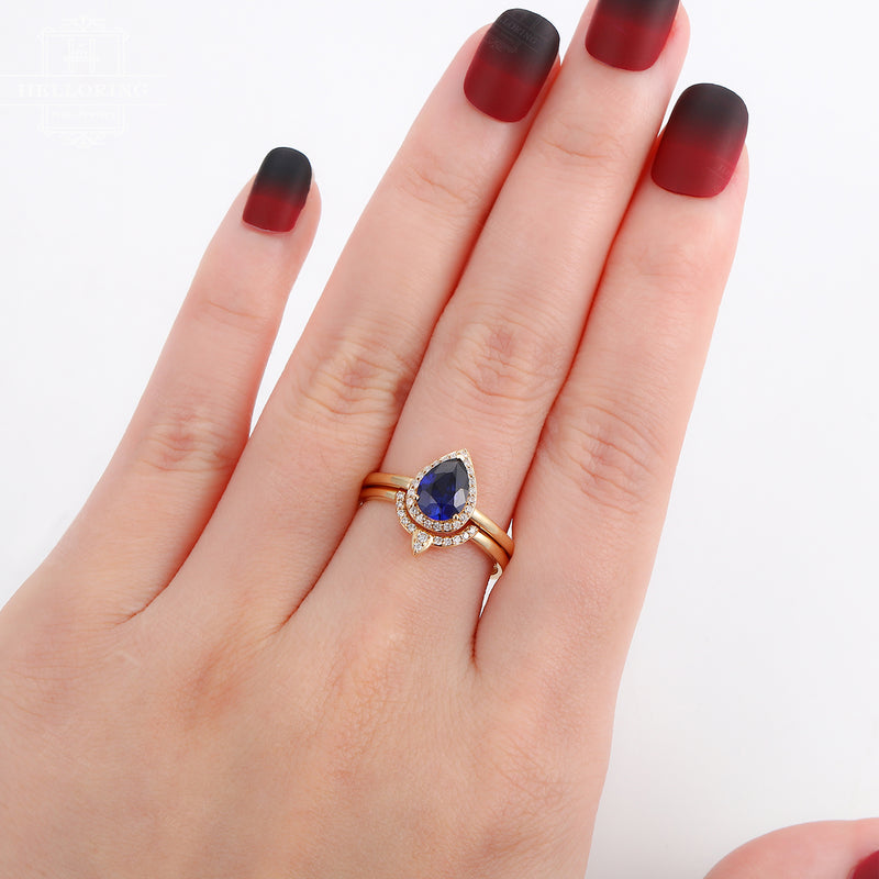 Sapphire Engagement ring Pear shaped engagement ring Women Vintage Wedding Antique Unique Halo Diamond Bridal set Jewelry Anniversary gift