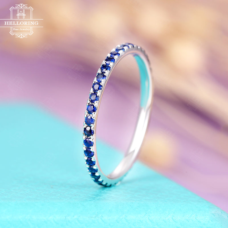 Eternity band Sapphire Wedding Band women white Gold Thin Dainty stacking matching Everyday rings promise birthstone simple Pave Anniversary