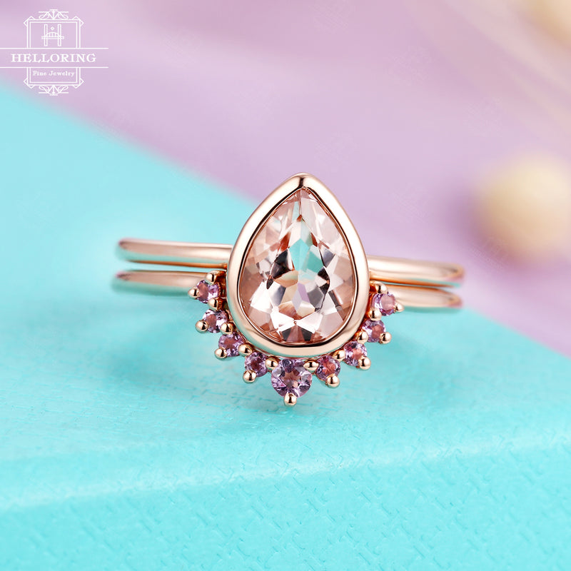 Morganite Engagement Ring Pear Shaped Vintage Rose Gold Amethyst Stacking Wedding band Women Simple Bridal set Jewelry Anniversary gift