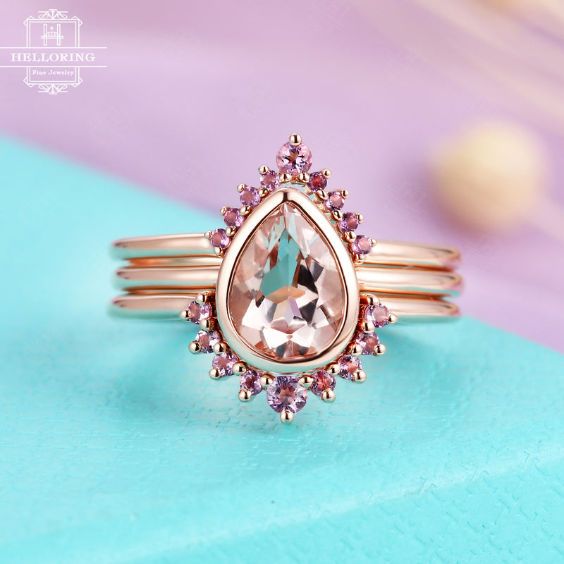 3pcs Morganite Engagement Ring set Pear Shaped Vintage Rose Gold Amethyst Stacking Wedding band Women Bridal set Jewelry Anniversary gift
