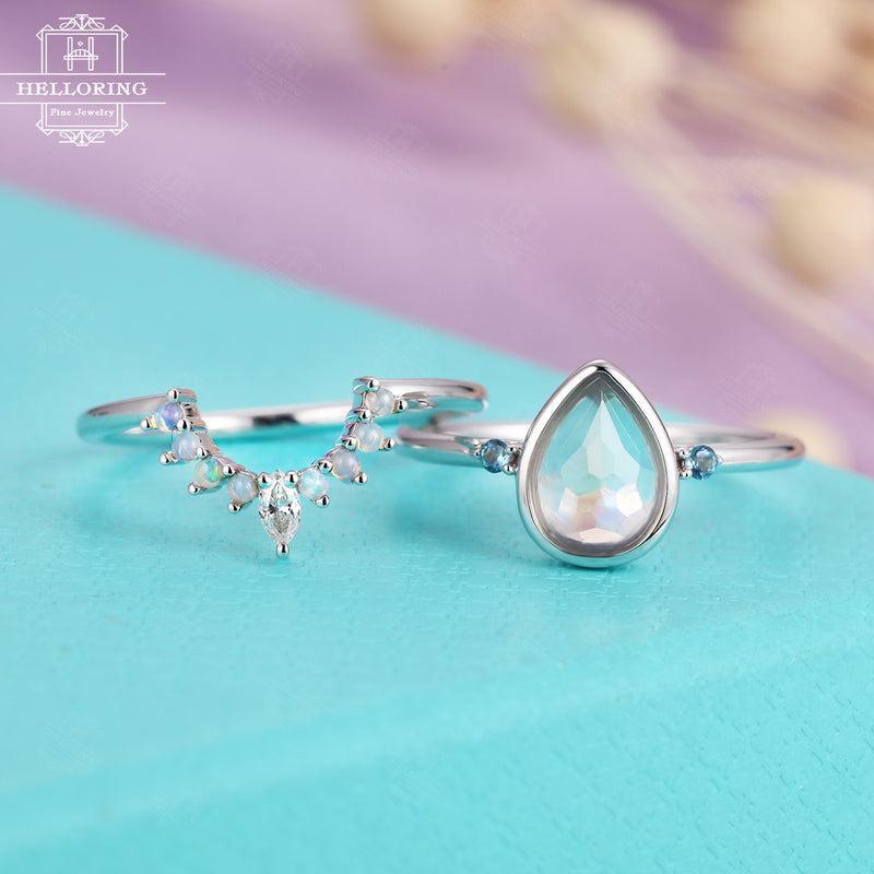 Moonstone Engagement ring set white Gold, Pear shaped wedding ring women, Marquise cut Diamond Topaz Opal Band, Bezel set handmade jewelry