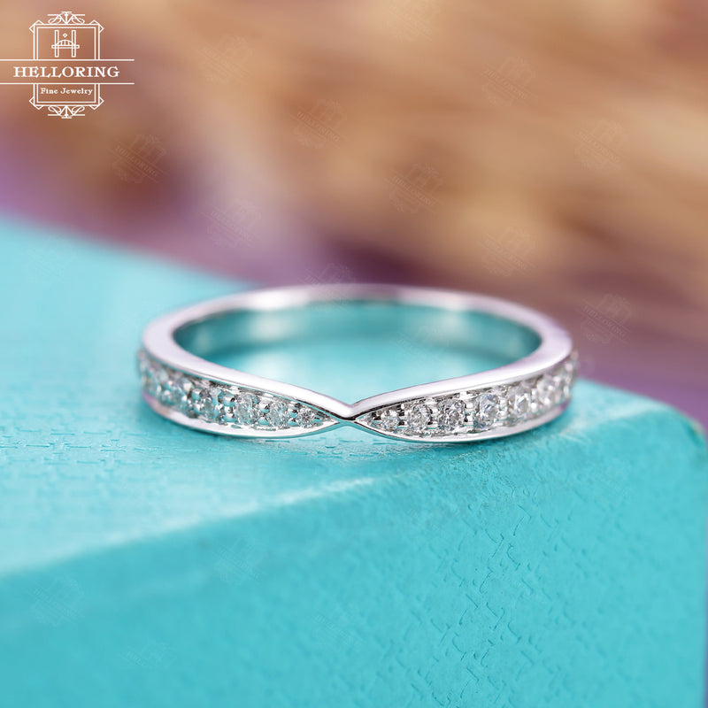 Diamond Wedding band White Gold Stacking ring matching Half eternity everyday rings Pave Chevron Anniversary gift for women Anniversary