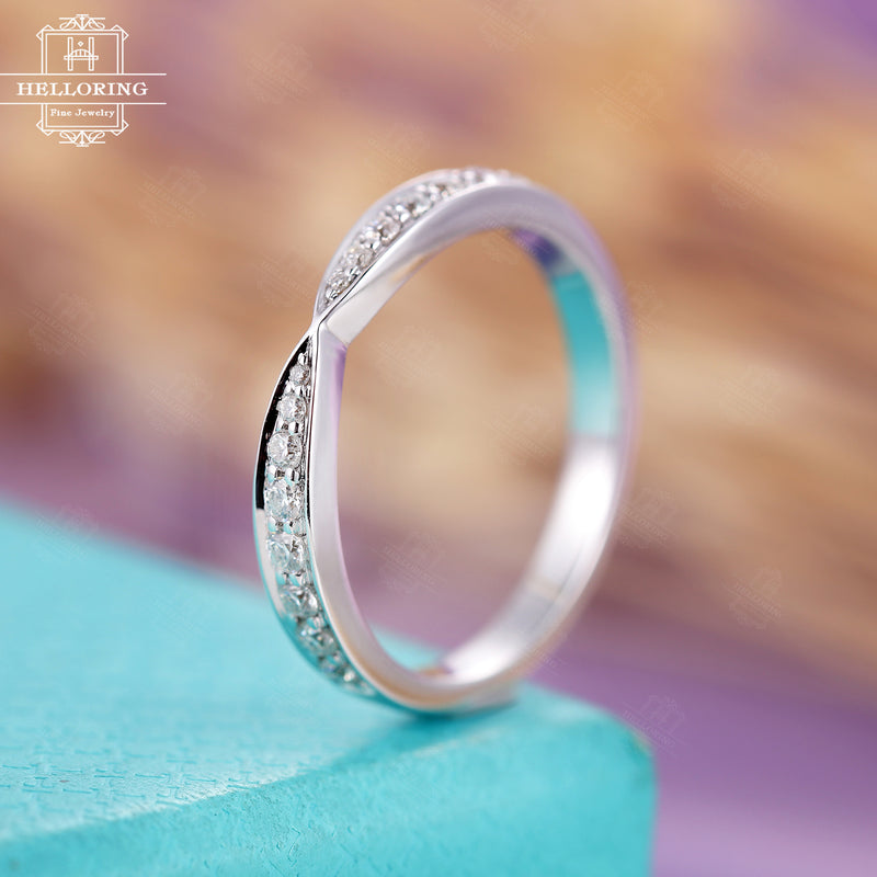 Diamond Wedding band White Gold Stacking ring matching Half eternity everyday rings Pave Chevron Anniversary gift for women Anniversary