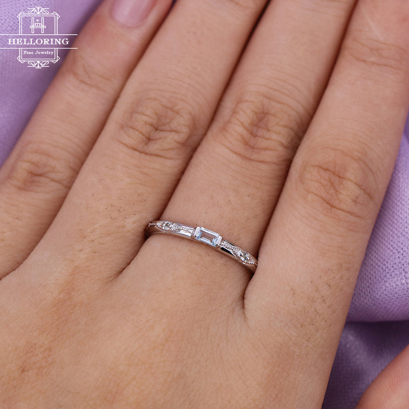 Aquamarine engagement ring White gold diamond Vintage Women Baguette Art deco Stacking wedding Jewelry Anniversary gift for her Promise