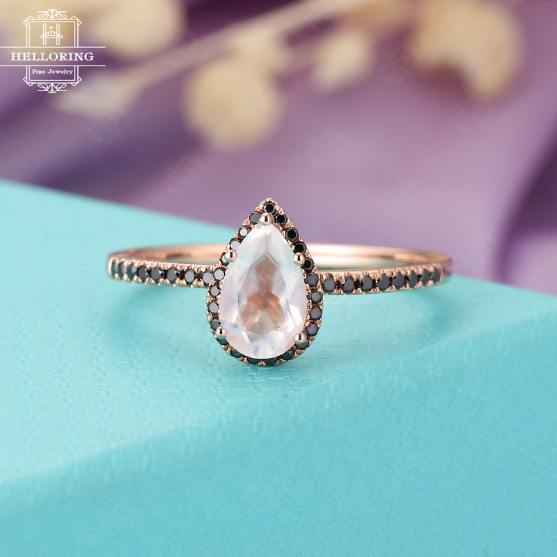 Unique engagement ring for women rose gold,Pear shaped Moonstone halo set black diamond,Half eternity band,Anniversary gifts for her Promise