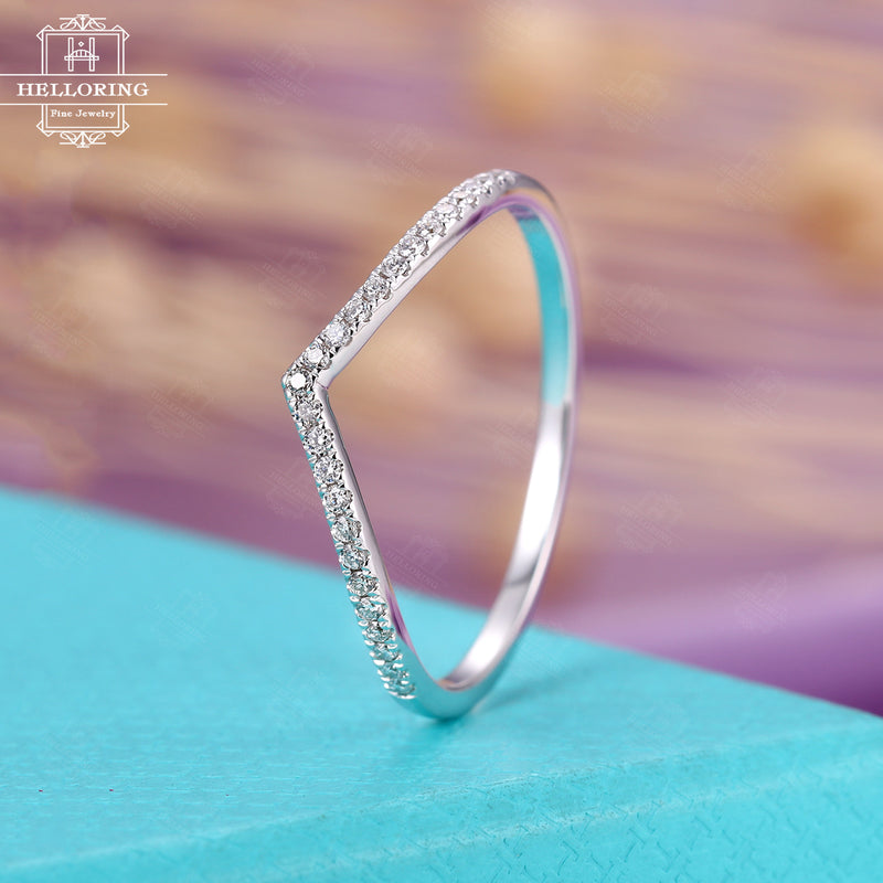 Curved wedding band diamond women,delicate matching ring chevron,half eternity stacking jewelry,Anniversary gifts for her promise micro pave