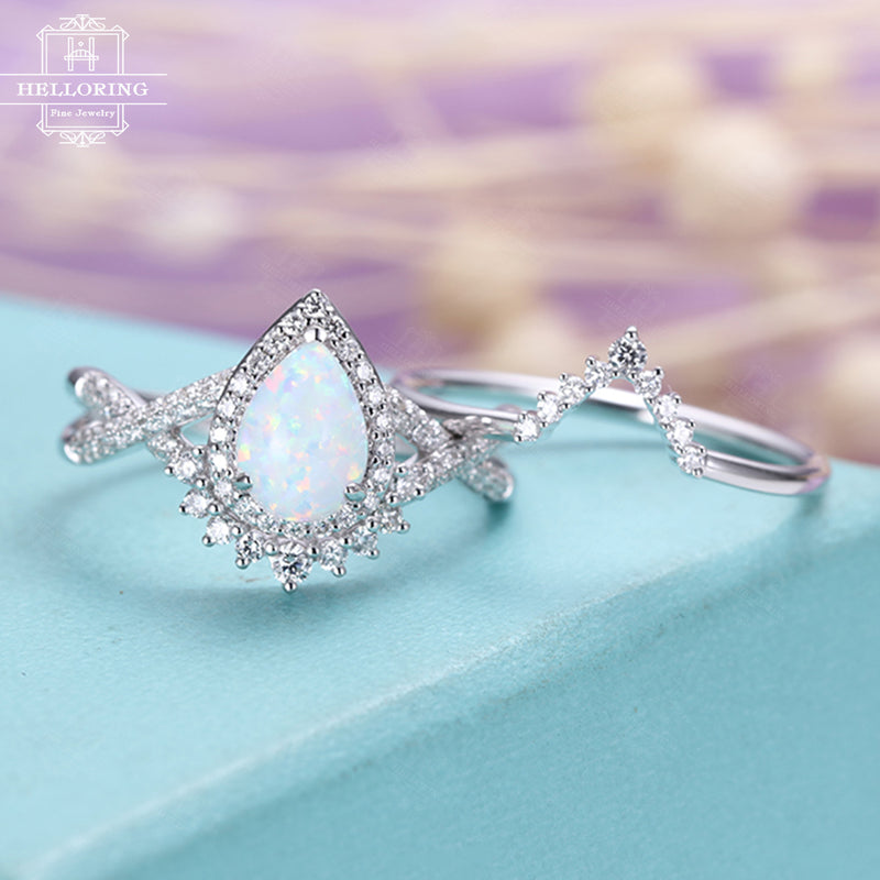 Vintage Opal Engagement ring set White gold Women, unique Pear shaped wedding ring Halo moissanite,Anniversary Gifts for her