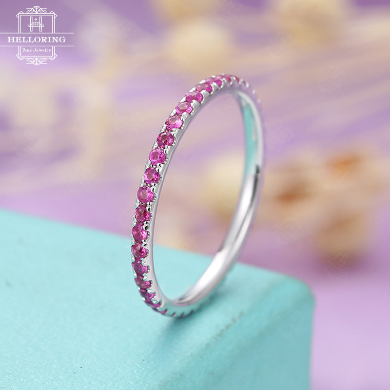 Pink Sapphire Wedding Band women Full Eternity Stacking ring simple Sapphire Jewelry Birthstone Pave Anniversary Everyday matching band