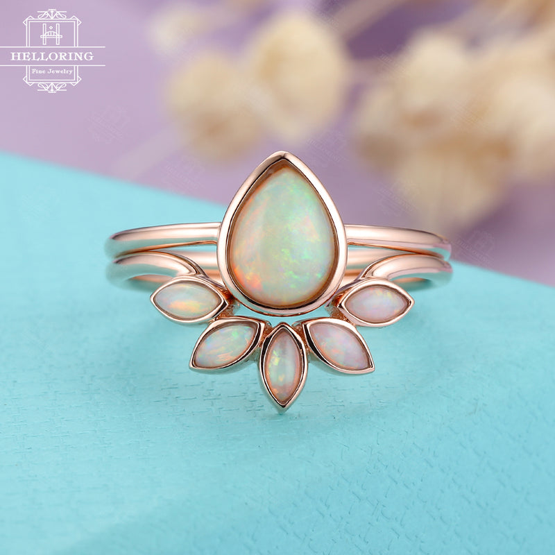 Opal engagement ring set rose gold, Pear shaped Marquise cut wedding ring women, Unique Bezel set jewelry, Anniversary gifts for her Promise