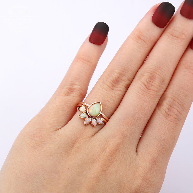 Opal engagement ring set rose gold, Pear shaped Marquise cut wedding ring women, Unique Bezel set jewelry, Anniversary gifts for her Promise