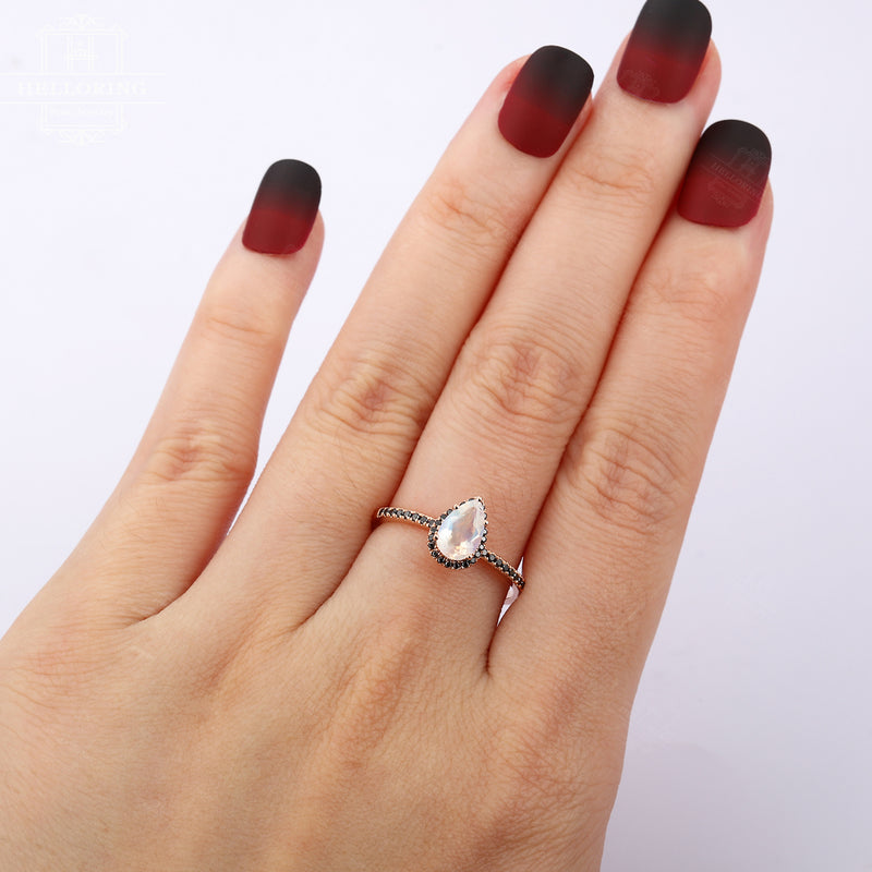 Unique engagement ring for women rose gold,Pear shaped Moonstone halo set black diamond,Half eternity band,Anniversary gifts for her Promise
