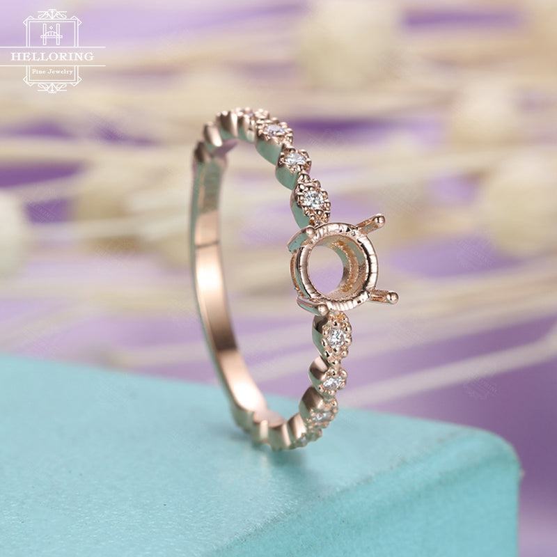 Rose gold engagement ring Setting Diamond Mounting Women Wedding Art deco Milgrain Semi mount Jewelry Anniversary gift for her Prong set