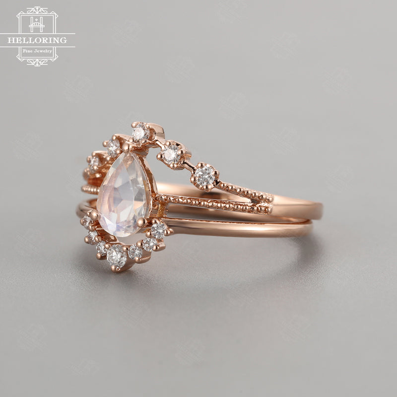 Rose gold engagement ring set women,Pear shaped moissanite,gift for her,Vintage Milgrain ring, Curved wedding band, Anniversary gift