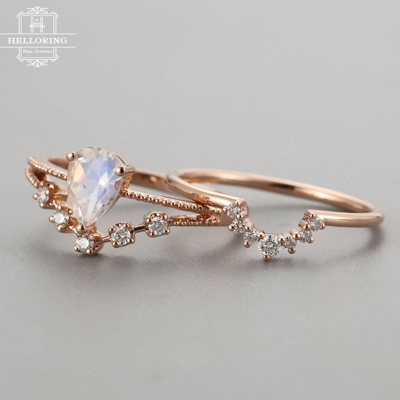 Rose gold engagement ring set women,Pear shaped moissanite,gift for her,Vintage Milgrain ring, Curved wedding band, Anniversary gift