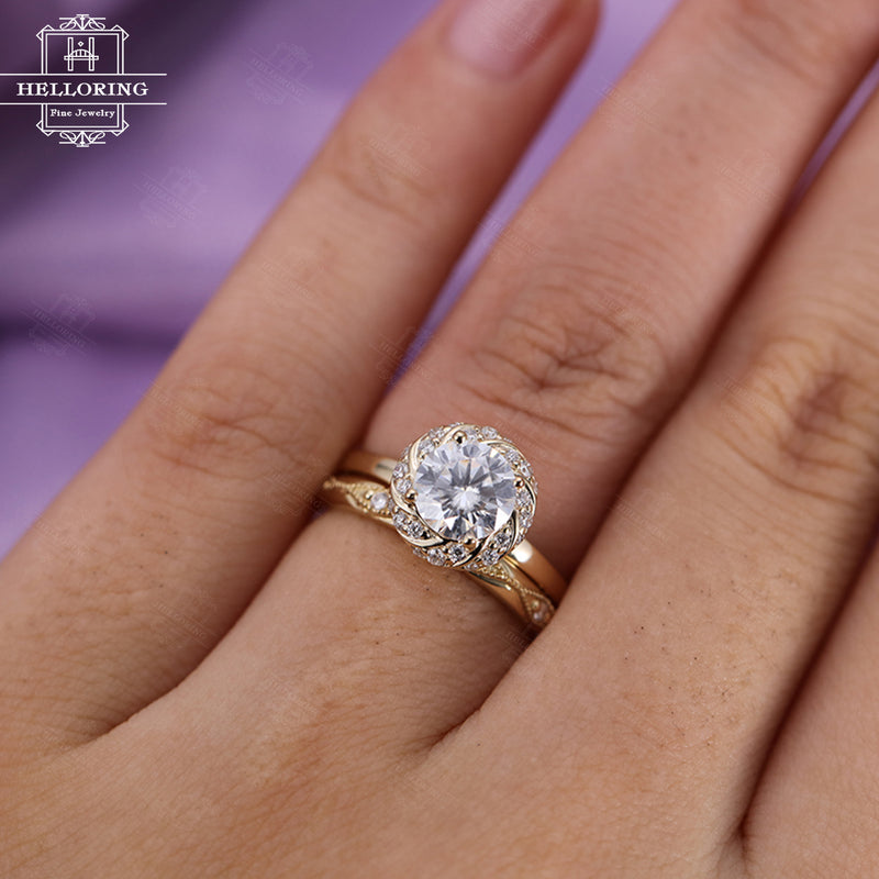 Rose gold engagement ring set women,Vintage Moissanite wedding ring art deco,Antique Half eternity diamond Milgrain,Anniversary gift for her