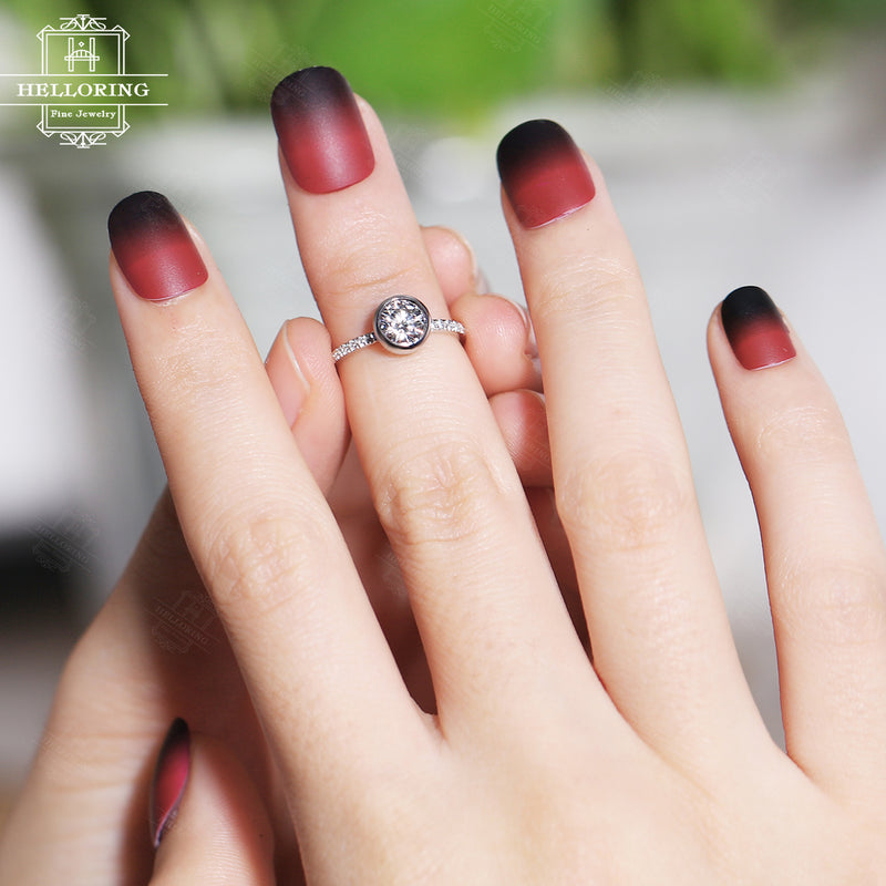 Moissanite Engagement Ring, Round cut,Vintage White Gold diamond wedding ring Women Simple Half Eternity Art deco Jewelry Anniversary gift
