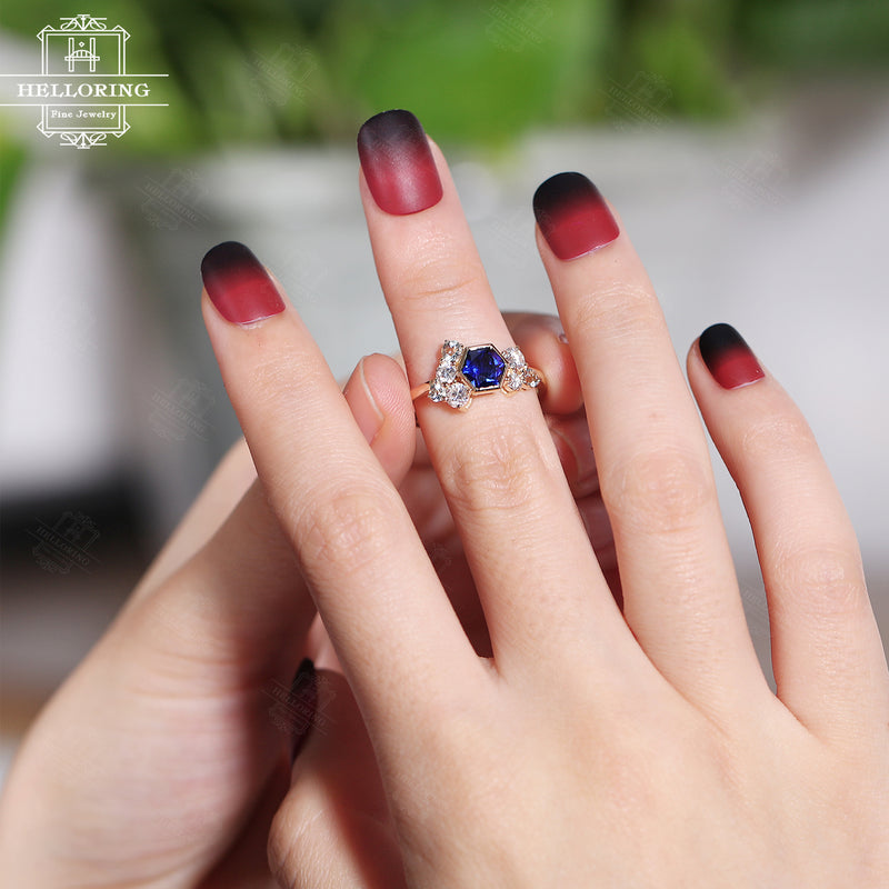 Sapphire engagement ring Rose gold Hexagon ring Women Wedding Unique Jewelry Vintage style promise Anniversary gift for her