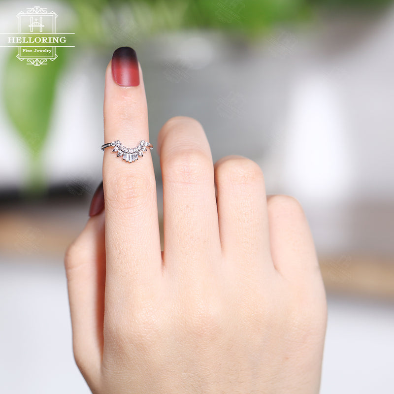 Moissanite engagement ring set Women, white gold,Curved Baguette Diamond ring,Unique Vintage wedding Jewelry Anniversary gifts for her