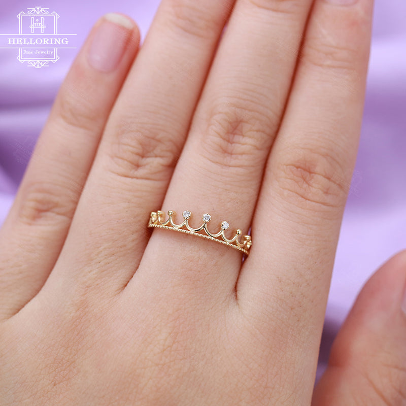 Art Deco Wedding band Princess Crown Diamond ring Antique Unique dainty yellow gold Woman birthday Anniversary Promise stacking queen Tiara