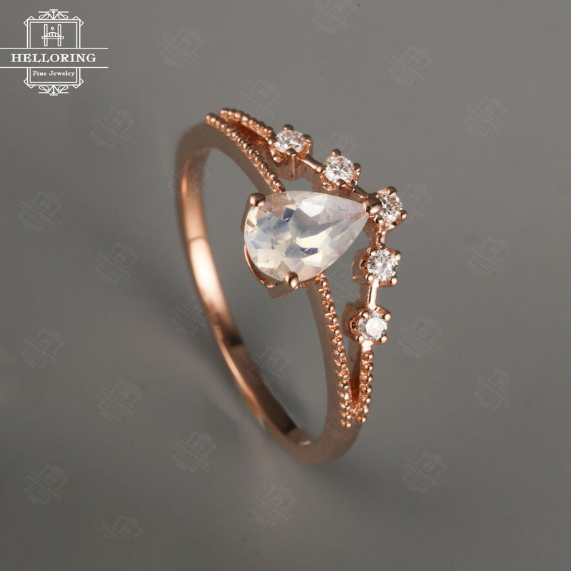 Pear shaped engagement ring Rose gold Moonstone engagement ring Vintage Women Wedding Diamond Antique Unique Milgrain Bridal Anniversary
