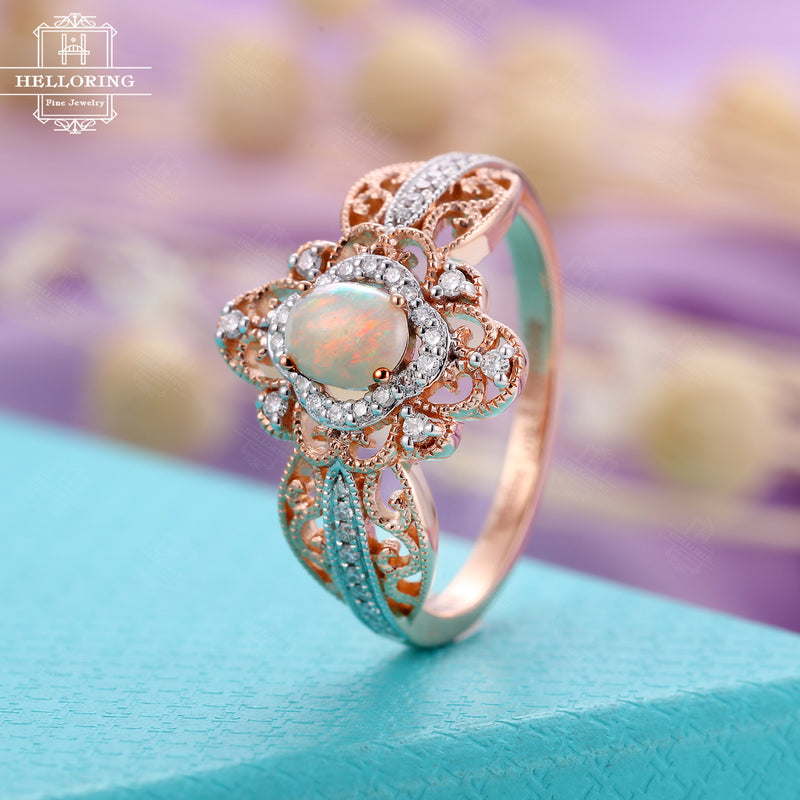 Art Deco Opal Engagement Ring Vintage 14k Rose Gold Oval Wedding Antique cluster Unique Diamond Bridal Woman Anniversary gift