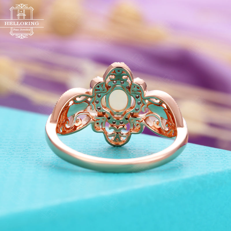 Art Deco Opal Engagement Ring Vintage 14k Rose Gold Oval Wedding Antique cluster Unique Diamond Bridal Woman Anniversary gift