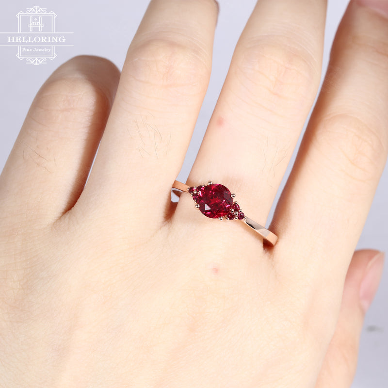 Ruby engagement ring rose gold Unique cluster engagement ring Seven Stone Mini Alternative Birthstone Bridal Anniversary gift for women