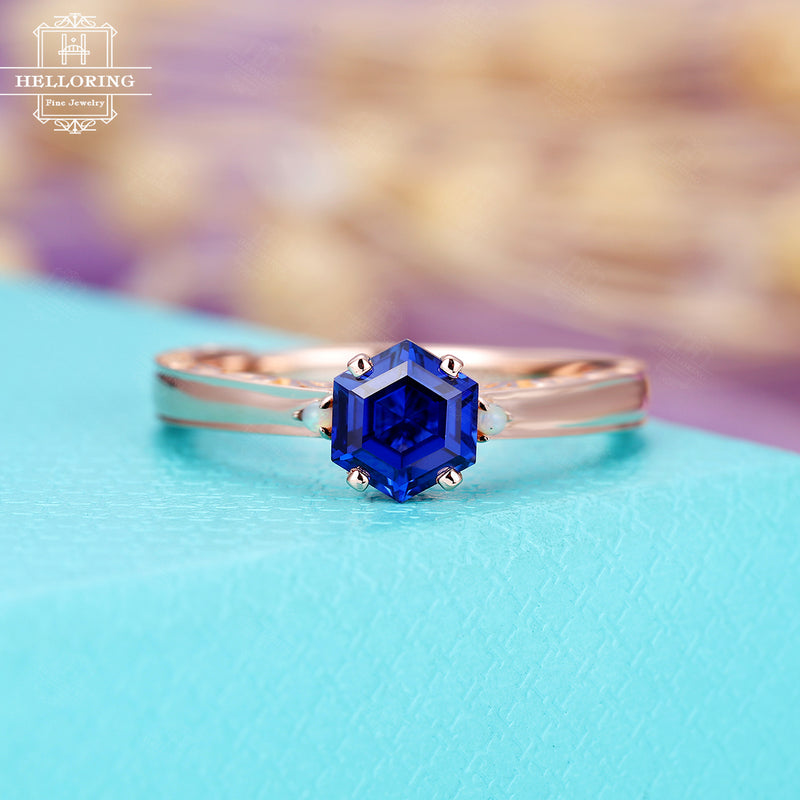 Vintage Sapphire engagement ring, Hexagon rose gold engraving ring Women,Unique opal Wedding Jewelry Delicate promise Anniversary gift