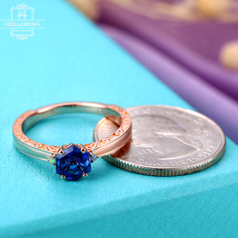 Vintage Sapphire engagement ring, Hexagon rose gold engraving ring Women,Unique opal Wedding Jewelry Delicate promise Anniversary gift
