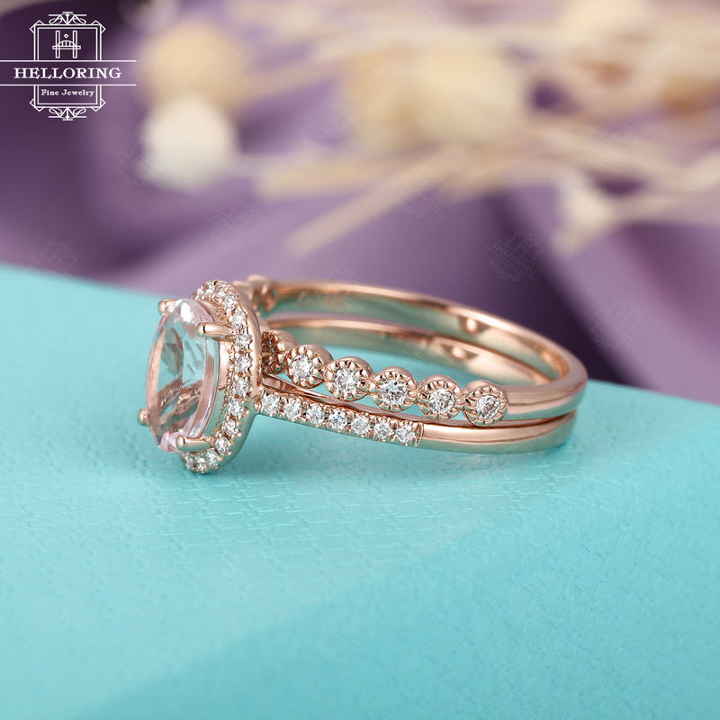 Oval cut Morganite engagement ring rose gold Vintage Halo Diamond Wedding women Antique Art deco Bridal set Half Eternity Anniversary gift
