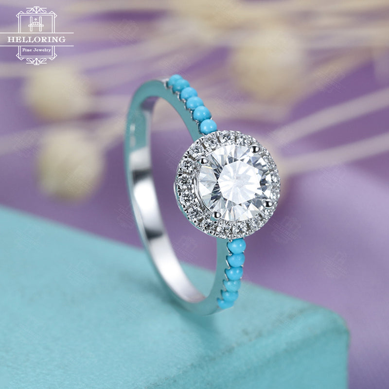 Moissanite engagement ring White gold Women Wedding Halo Diamond Turquoise Half eternity Micro pave Unique Jewelry Anniversary gift for her