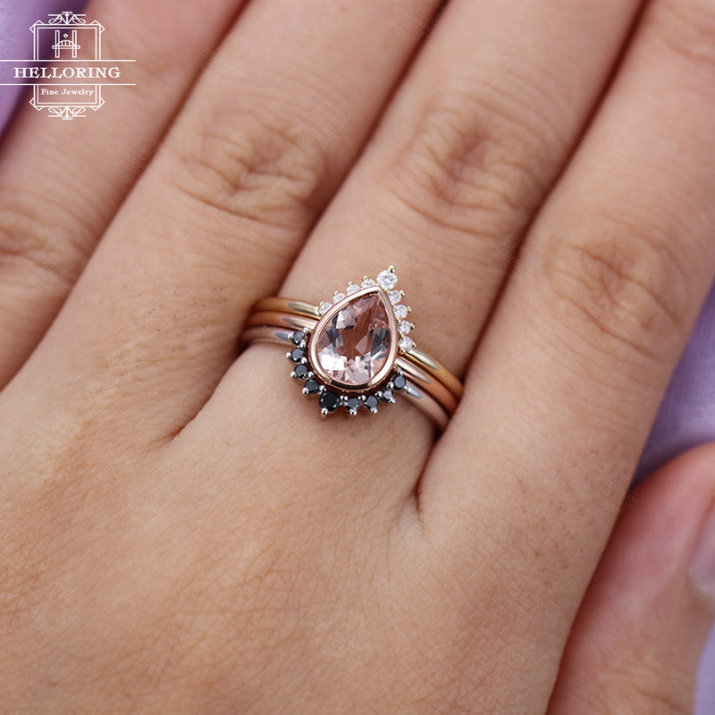 3PCs Morganite engagement ring Rose gold Black diamond Wedding band White gold Curved Pear shaped Unique Bridal set Jewelry Gift for women