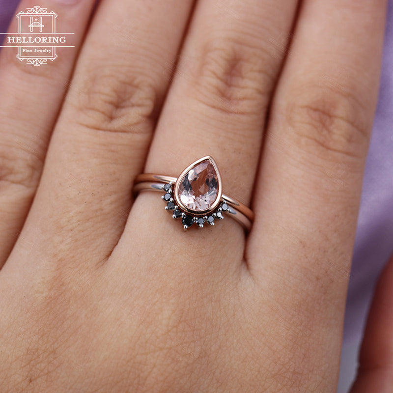 Pear shaped Morganite engagement ring set rose gold Curved wedding band Women Black diamond Unique jewelry Anniversary gift for her Promise