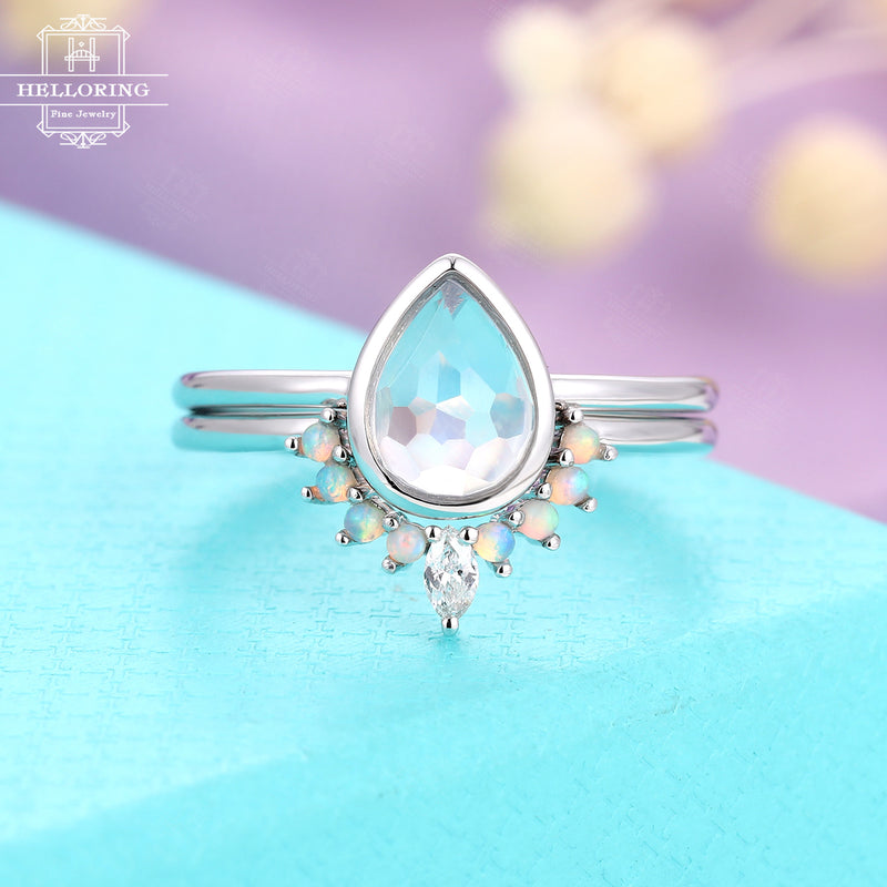 Moonstone engagement ring set, solid white gold women, Opal Marquise cut Diamond Wedding band, vintage Jewelry Anniversary gifts for her