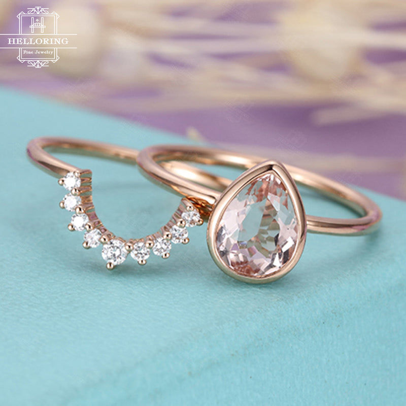Morganite Engagement Ring Vintage Rose Gold Diamond Wedding ring set Women Bridal Jewelry Pear Shaped Cut Stacking Alternative Anniversary