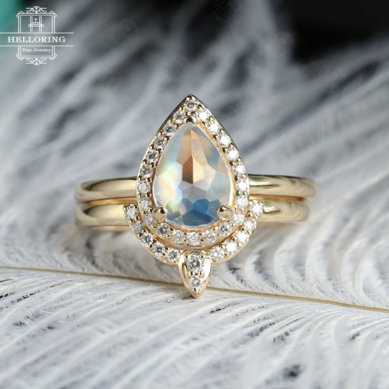 Moonstone engagement ring Set White gold Diamond wedding band Women Vintage Curved Pear shaped Halo Jewelry Anniversary gift for her Promise