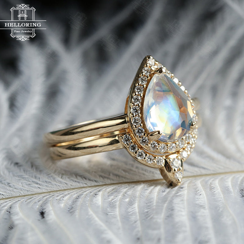 Moonstone engagement ring Set White gold Diamond wedding band Women Vintage Curved Pear shaped Halo Jewelry Anniversary gift for her Promise
