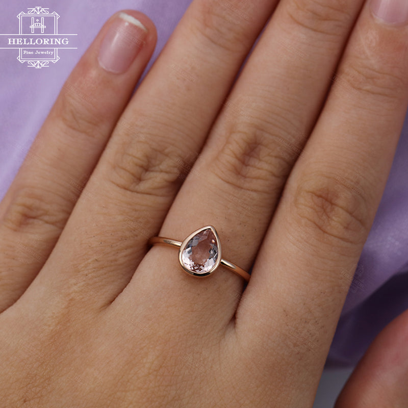 Morganite engagement ring Pear shaped engagement ring Rose gold Women Wedding Solitaire Art deco Bridal set Jewelry Anniversary gift for her