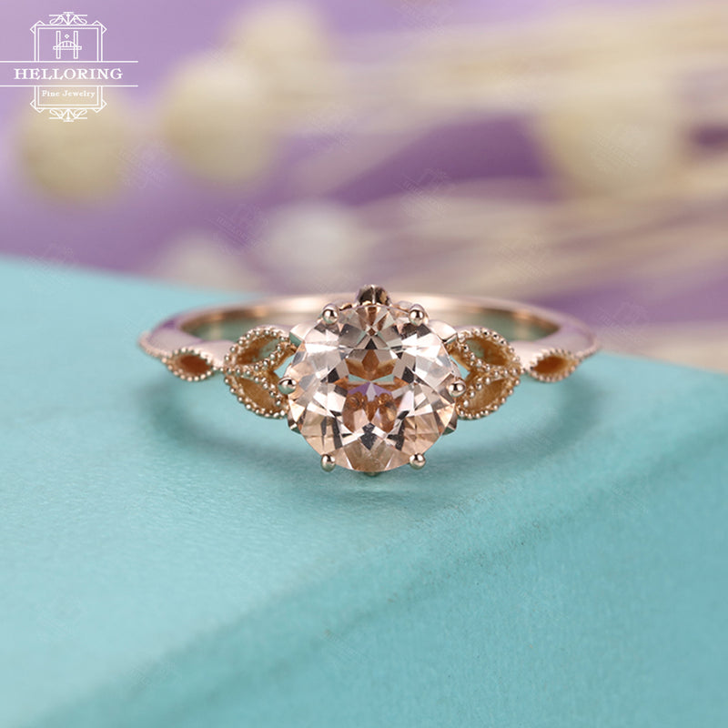 Morganite ring Unique Vintage engagement ring Rose gold Antique Art deco diamond wedding Flower Bridal Jewelry Promise Gift for women