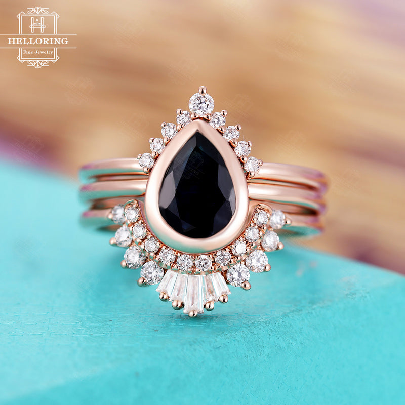 3PCs Black Sapphire Engagement ring set Rose gold Vintage Diamond Wedding band Curved Pear shaped Baguette cut Jewelry Gift for her
