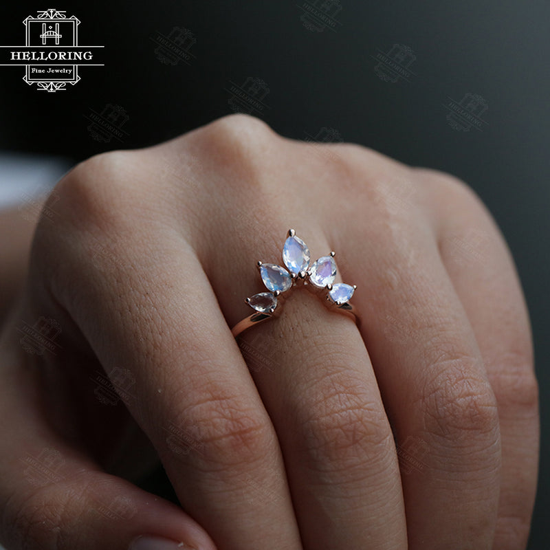 Moonstone wedding band Rose gold Women Curved Marquise cut Pear shaped Matching Jewelry Anniversary gift for her Unique Promise Prong set