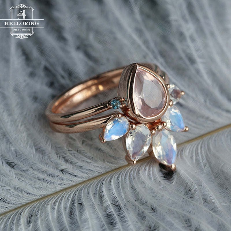 Rose quartz engagement ring set Moonstone wedding band 14k Rose gold/ Size 7. Topaz Pear shaped Marquise cut ring