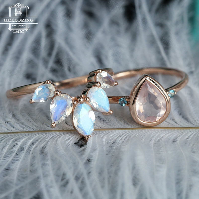Rose quartz engagement ring set Moonstone wedding band 14k Rose gold/ Size 7. Topaz Pear shaped Marquise cut ring