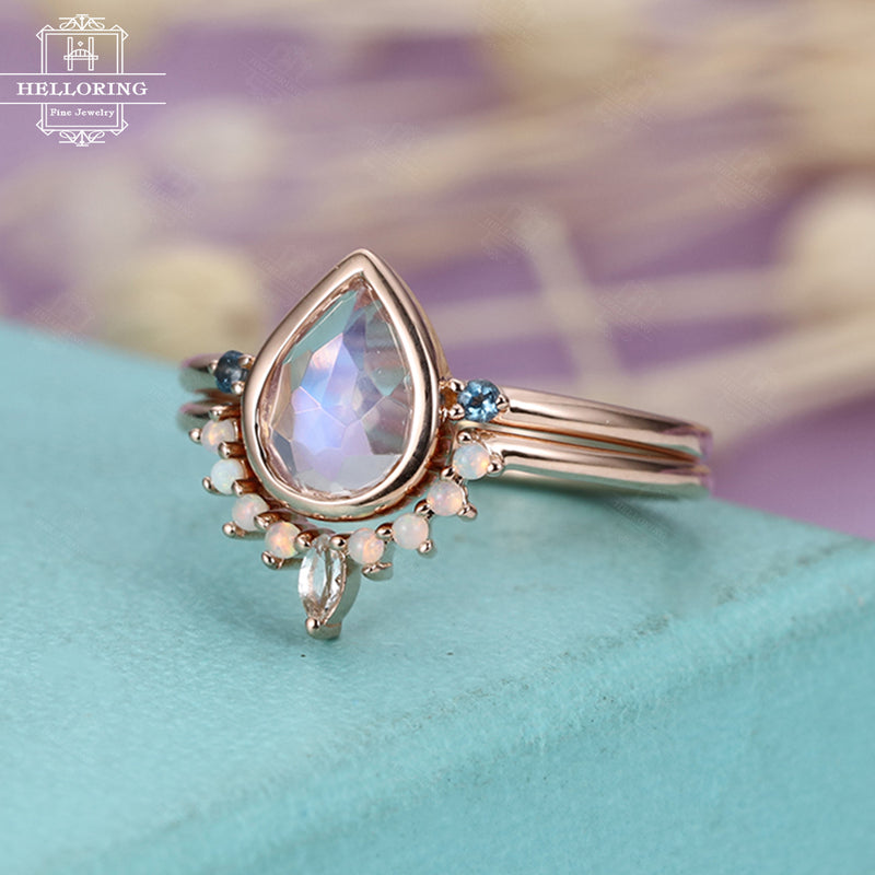 Pear shaped Moonstone Engagement ring set 14k Rose Gold Size 6, Marquise Diamond London Blue Topaz Opal Wedding band