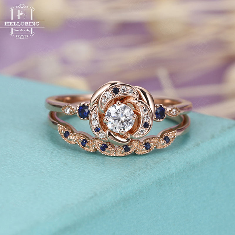 Art deco engagement ring,moissanite sapphire diamond ring rose gold,Vintage Wedding band,Anniversary gift for Women,Unique Jewelry,Flower