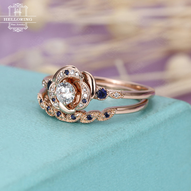 Art deco engagement ring,moissanite sapphire diamond ring rose gold,Vintage Wedding band,Anniversary gift for Women,Unique Jewelry,Flower