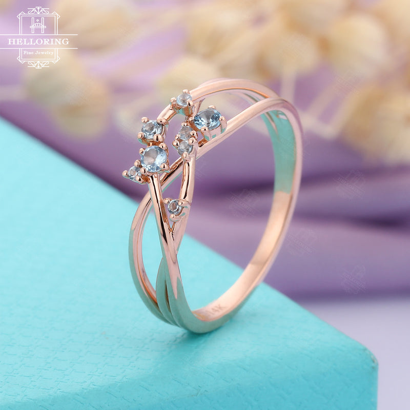 Aquamarine Cluster ring Twig Engagement Ring Rose Gold Floral Unique Wedding Women Bridal Jewelry Twisted Flower Mini Promise Anniversary