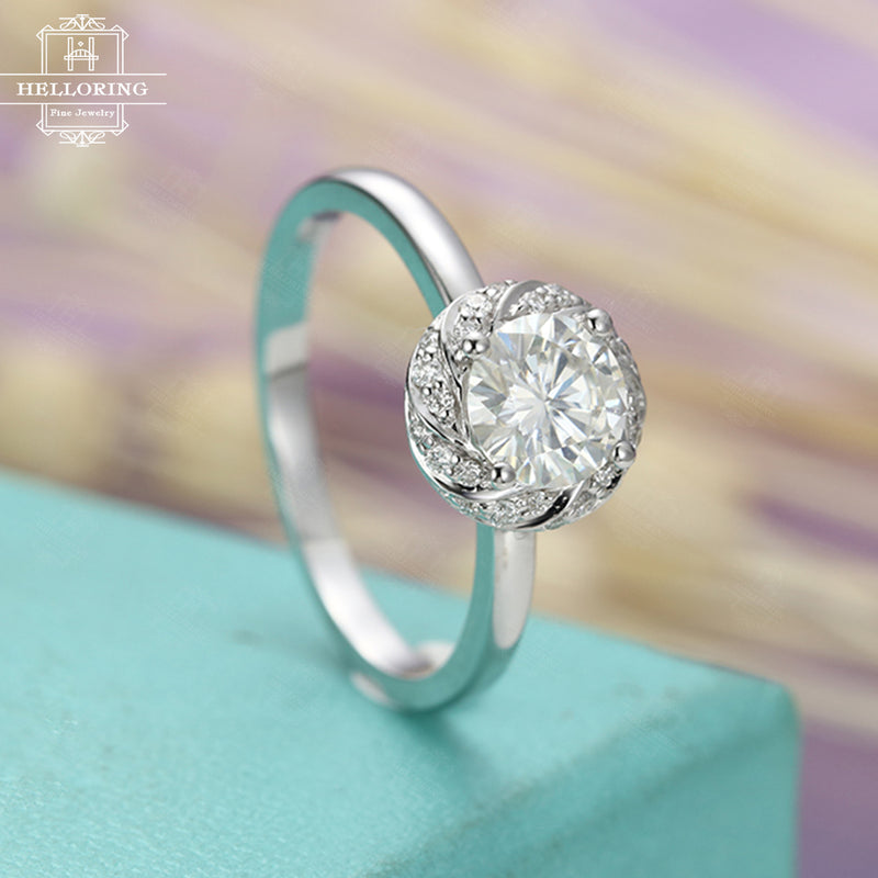 White gold engagement ring with a Moissanite,Vintage ring,Unique jewelry for women, Halo diamond ring,Half eternity Micro pave,gifts for her