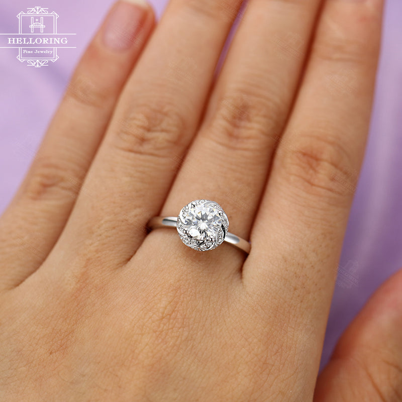 White gold engagement ring with a Moissanite,Vintage ring,Unique jewelry for women, Halo diamond ring,Half eternity Micro pave,gifts for her