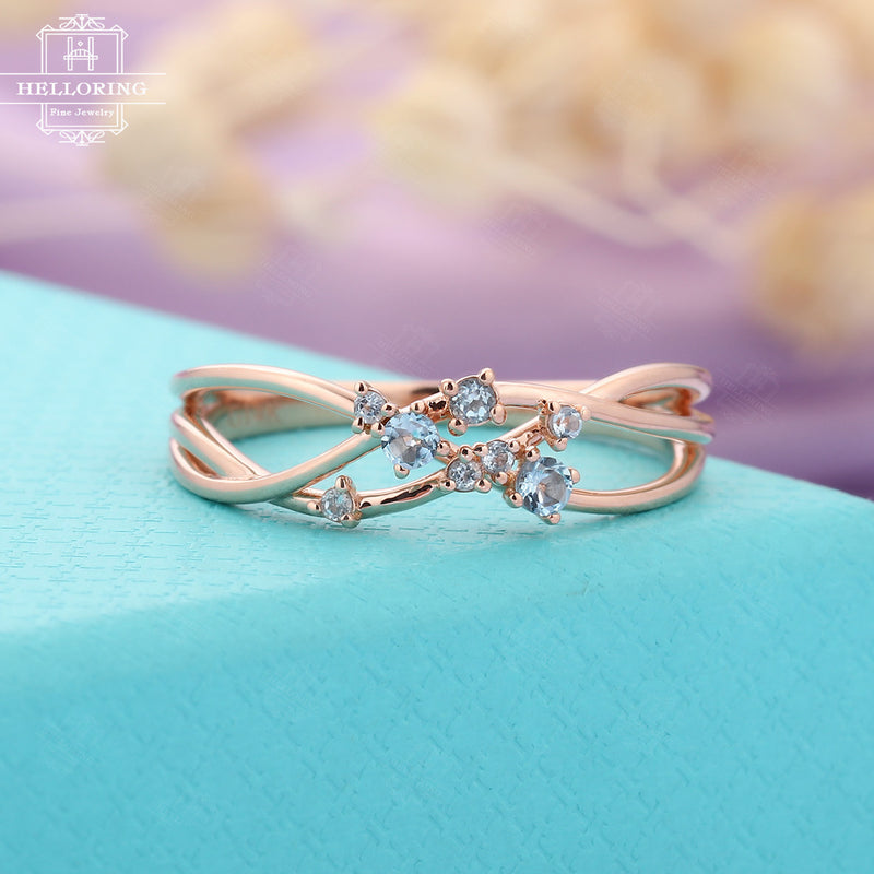 Aquamarine Cluster ring Twig Engagement Ring Rose Gold Floral Unique Wedding Women Bridal Jewelry Twisted Flower Mini Promise Anniversary